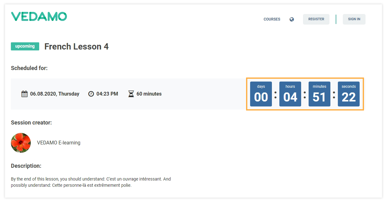 Schedules for Virtual Classrooms: Lesson details page