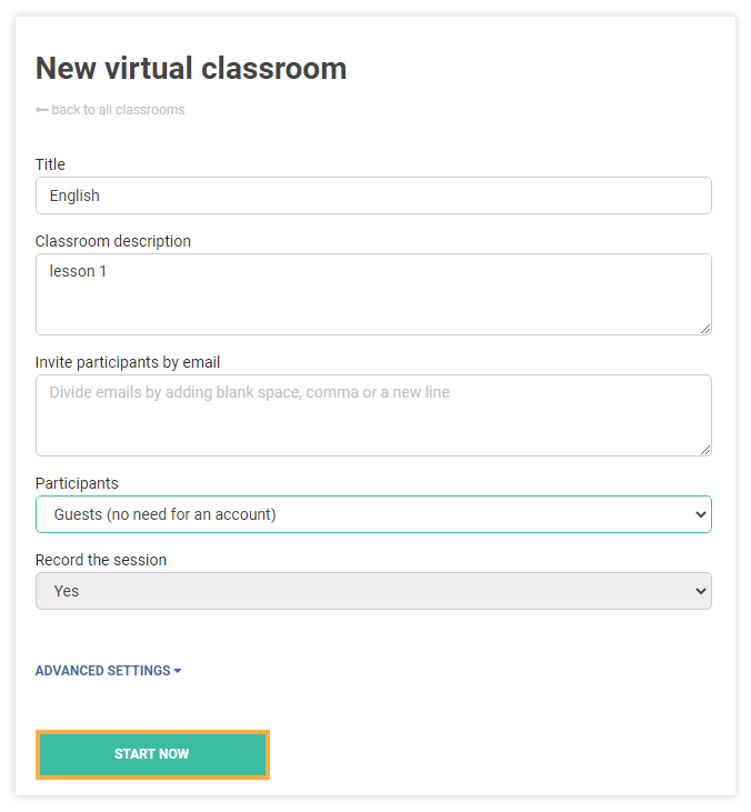 Schedules for Virtual Classrooms: "Start now" page