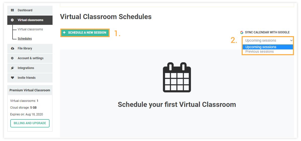 Schedules for Virtual Classrooms: Schedule a new lesson/past and upcoming lessons menu