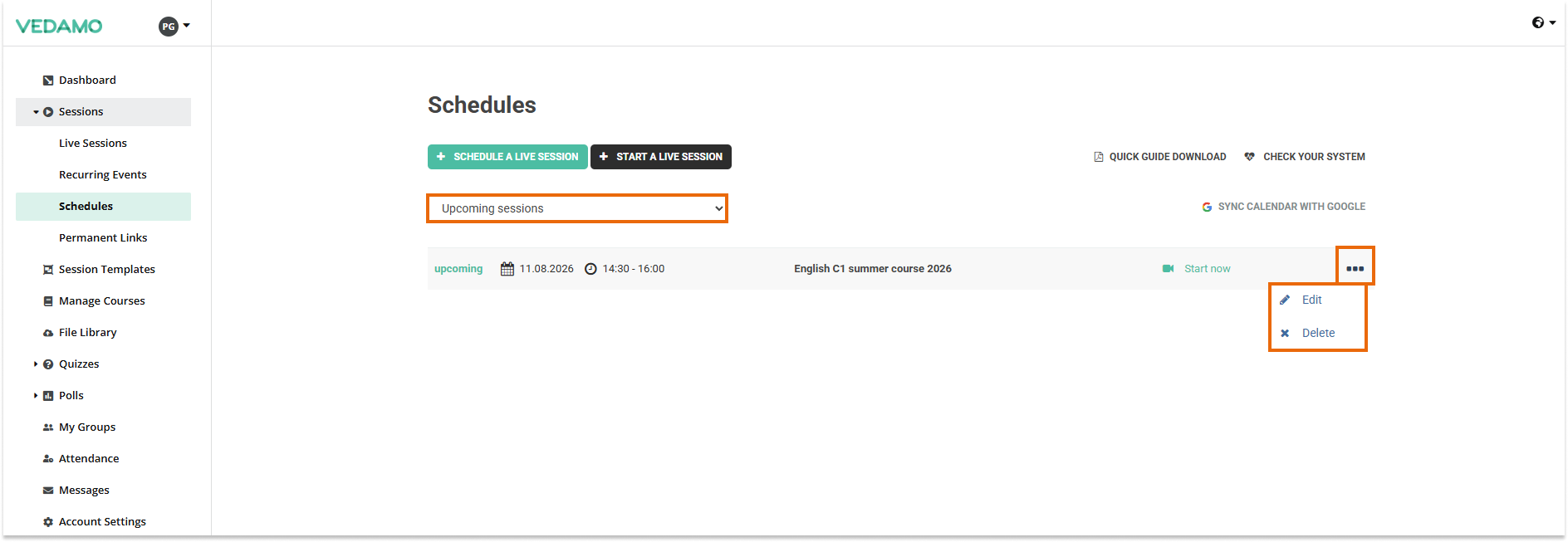 Creating Schedules for Virtual Classrooms: Upcoming sessions Delete/Edit