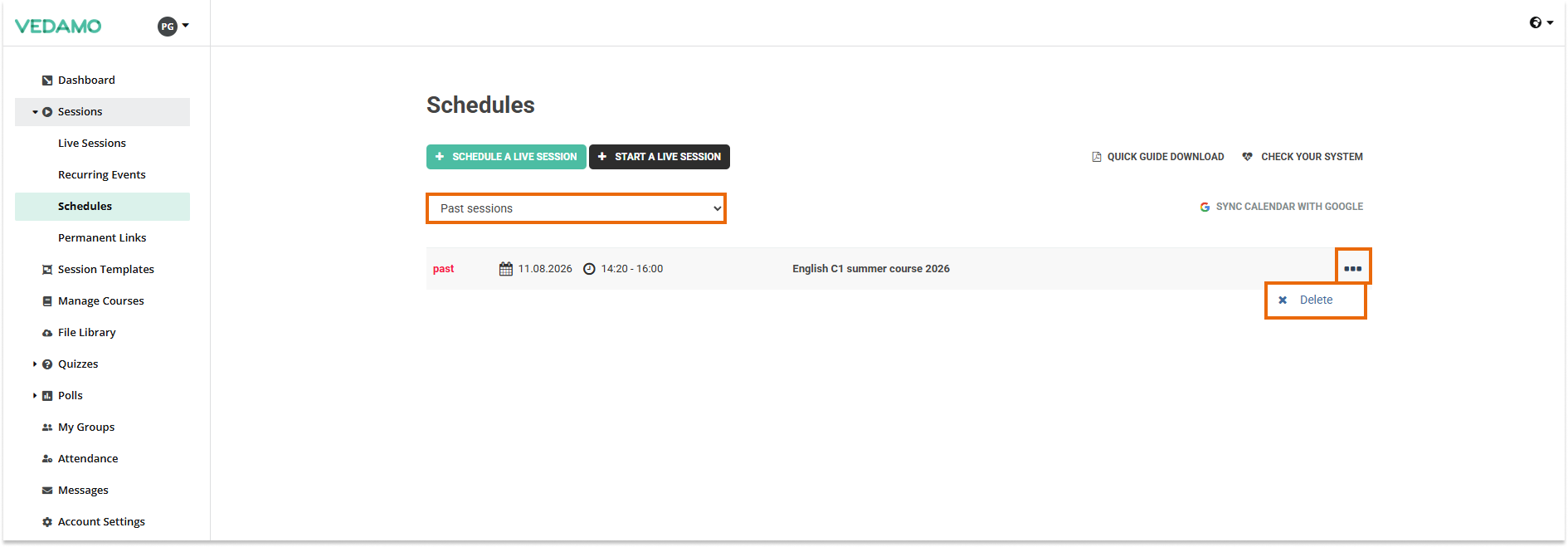 Creating Schedules for Virtual Classrooms: Past sessions and delete option