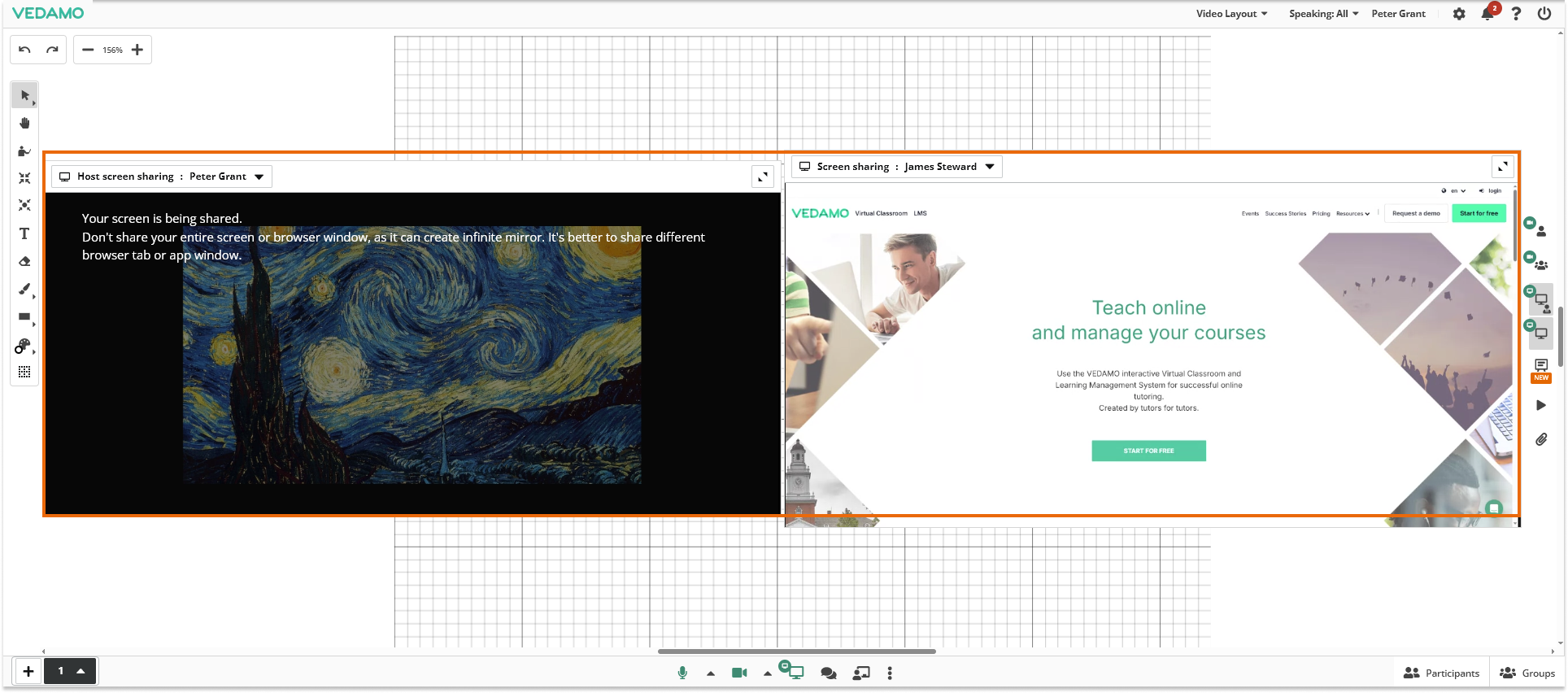 Individual video and Screen Share in the Virtual Classroom: Two shared screens – participant’s point of view
