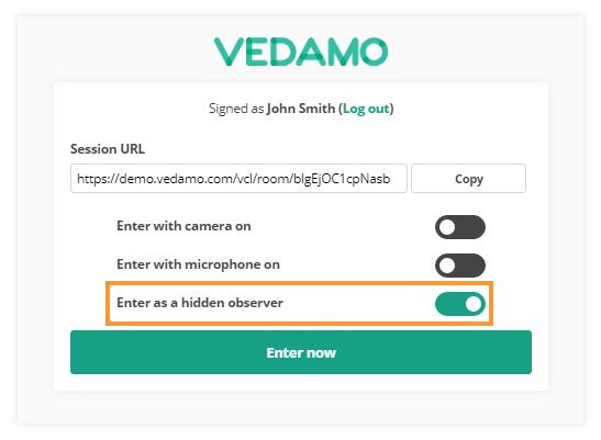 Virtual classroom observers. The observer role: Admins will have to move the observe slider