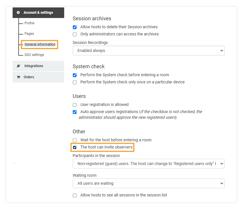 Virtual classroom observers. The observer role: Clicking on the "the host can invite observers" will let the host invite observers