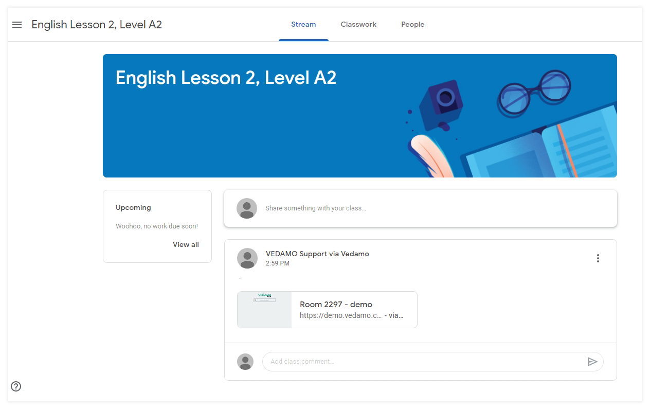 Vedamo and Google Integrations: Google Classroom dashboard with the Vedamo session represented in the feed
