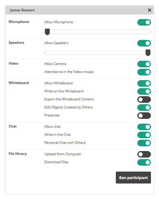 Individual video and Screen Share in the Virtual Classroom: individual participant settings