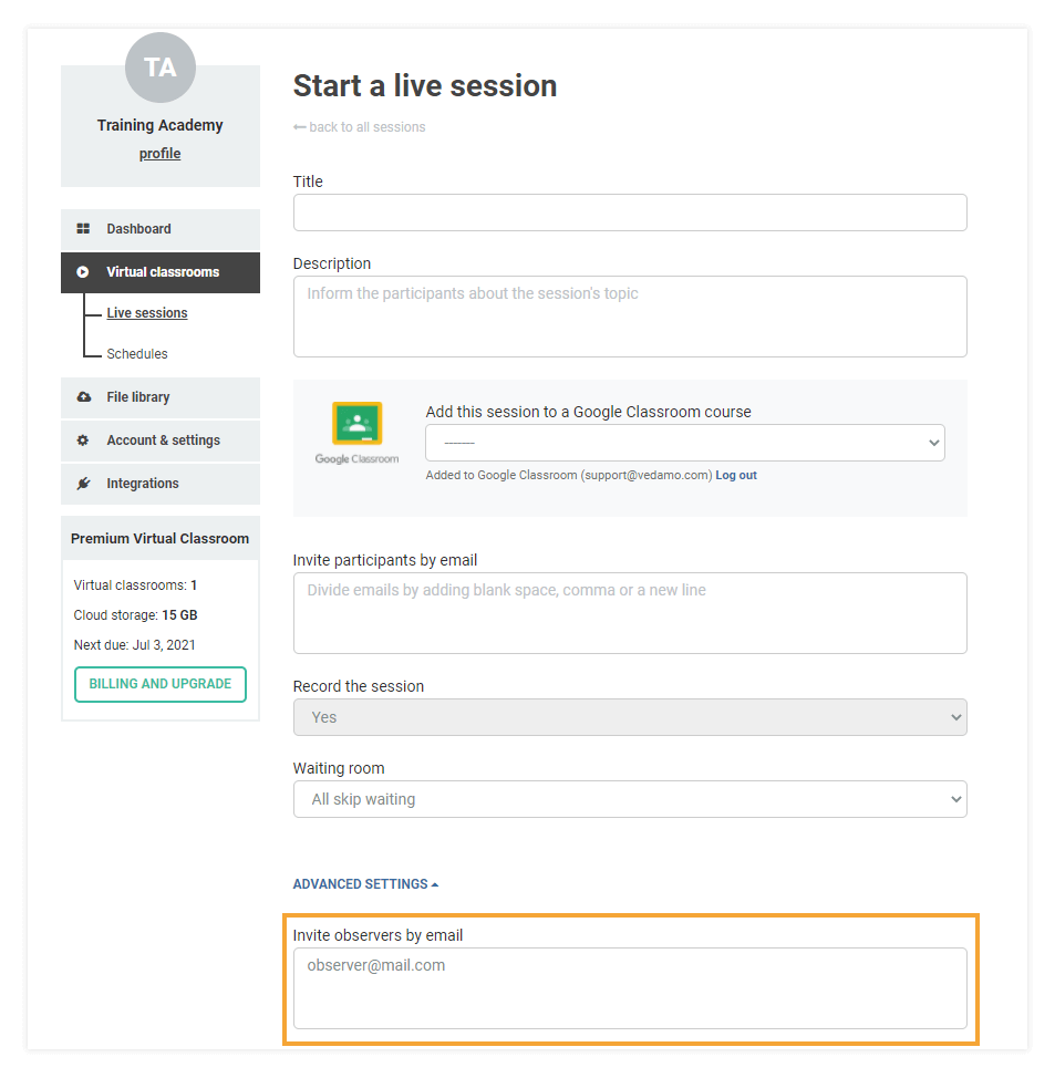 Virtual classroom observers. The observer role: observer email box
