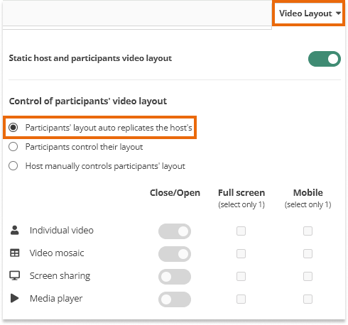Individual video and Screen Share in the Virtual Classroom: to enable the synchronization mode select "Participants' layout auto replicated the host's"