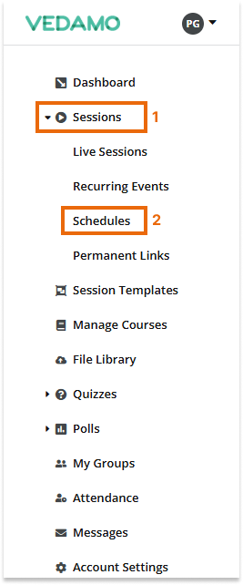 Creating Schedules for Virtual Classrooms: Select the Sessions tab and look for the "schedules" from the list