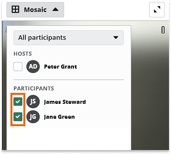 Individual video and Screen Share in the Virtual Classroom: You can use a custom mosaic layout if you want to choose who is represented in the video mosaic