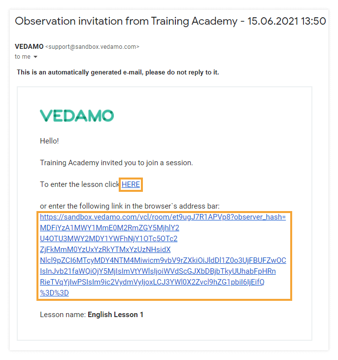 Observer invitation and the corresponding link for the lesson