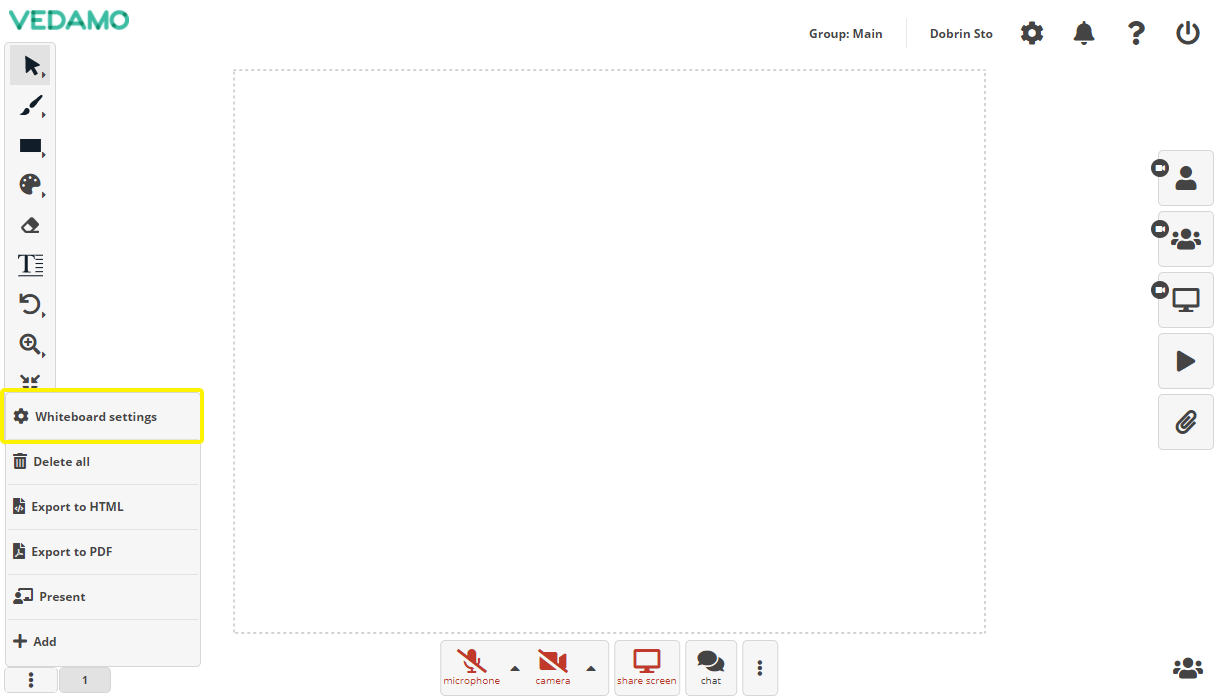 Online Whiteboard Settings menu