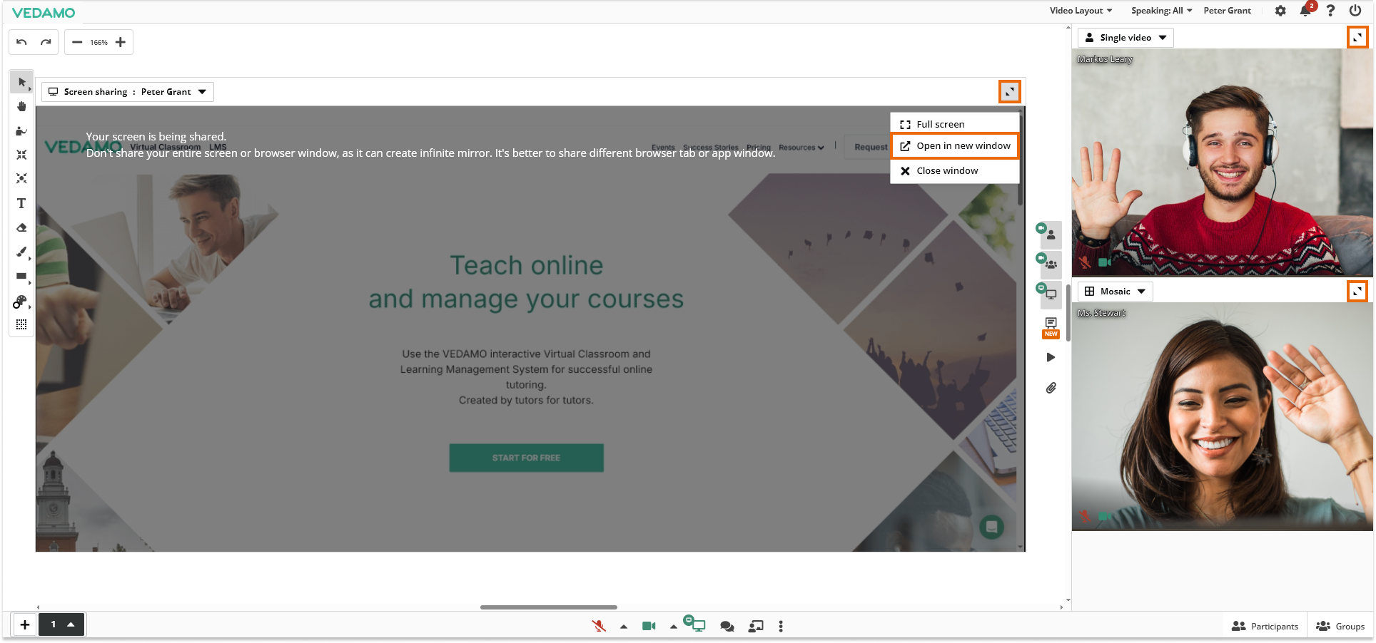 Individual Video, Video Mosaic and Screen Share in the Virtual Classroom: Applicable video boxes are: individual video, Mosaic and Screenshare
