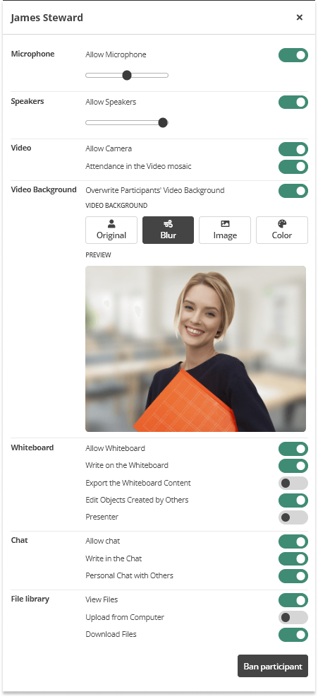 Individual video and Screen Share in the Virtual Classroom: individual participant settings