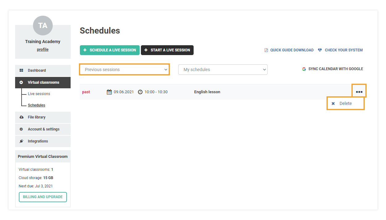 Schedules for Virtual Classrooms: Past sessions and delete option