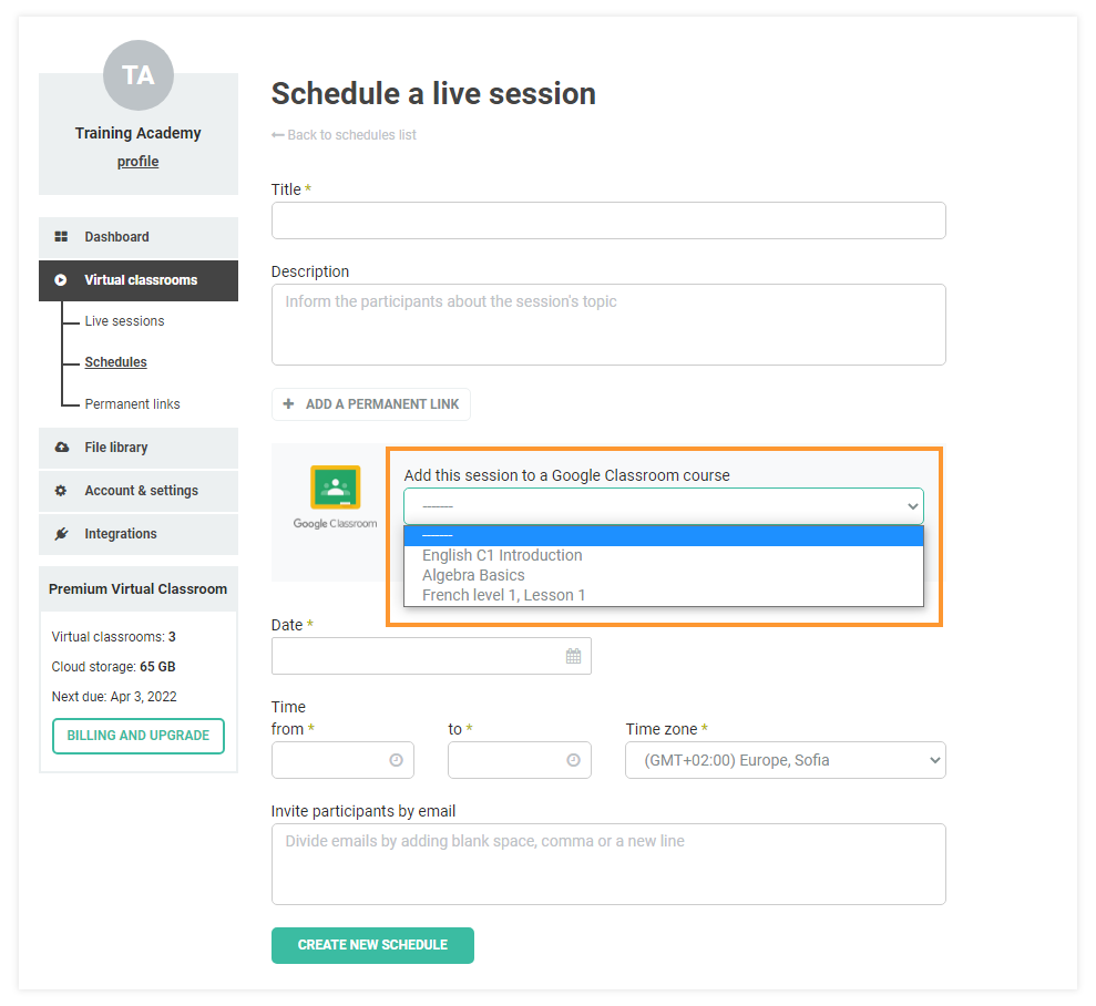 Creating Schedules for Virtual Classrooms: Adding a Google Classroom