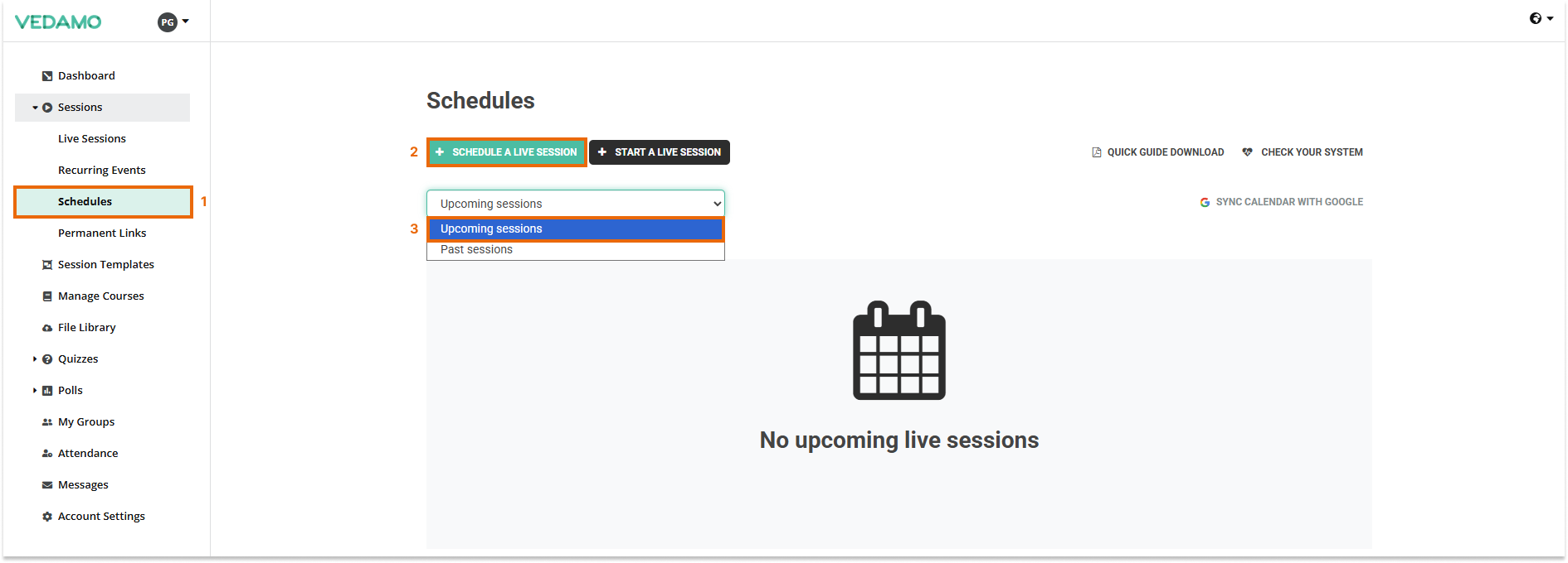 Creating Schedules for Virtual Classrooms: Schedule a new lesson/past and upcoming lessons menu