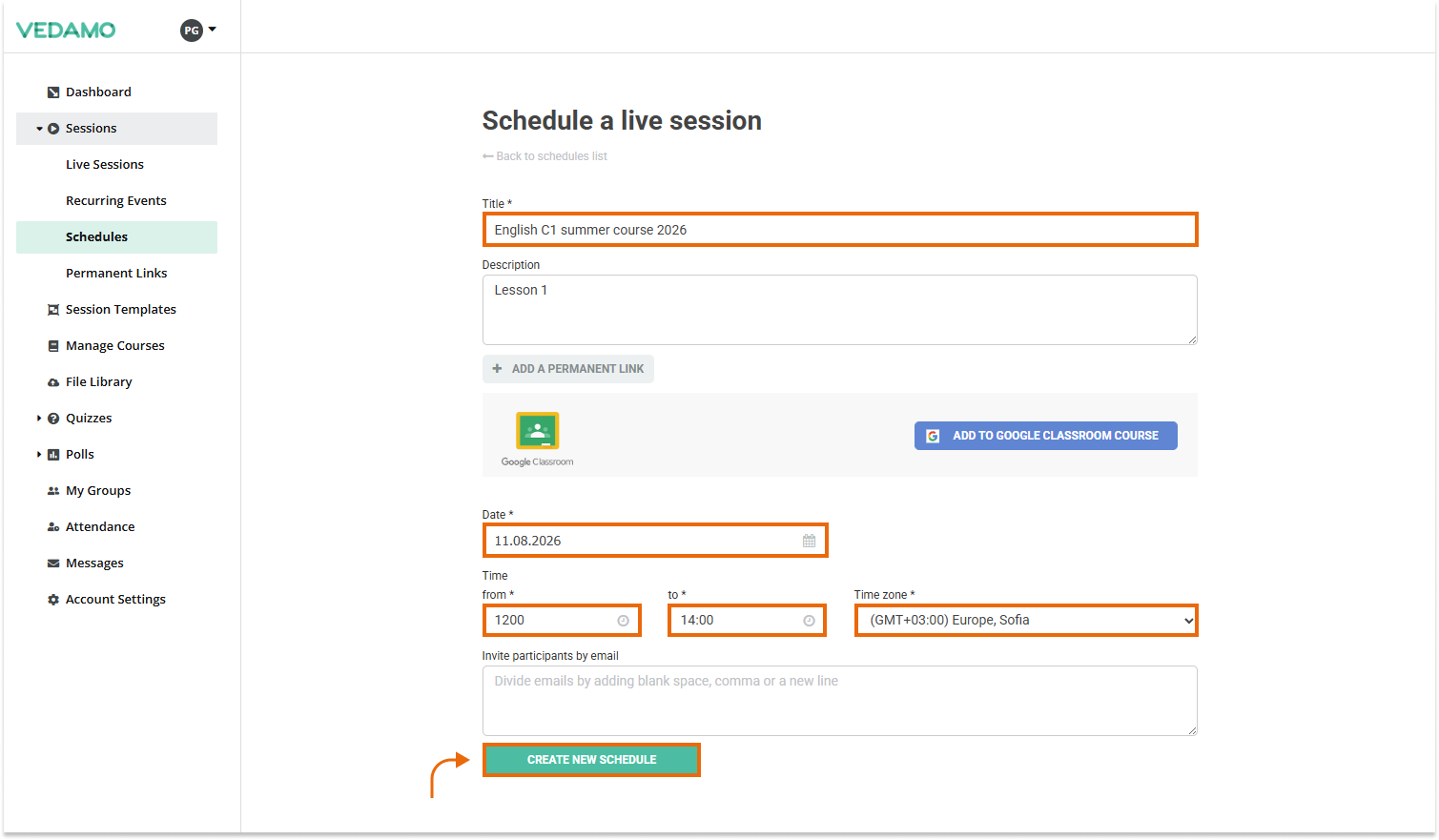 Creating Schedules for Virtual Classrooms: Schedules creation page