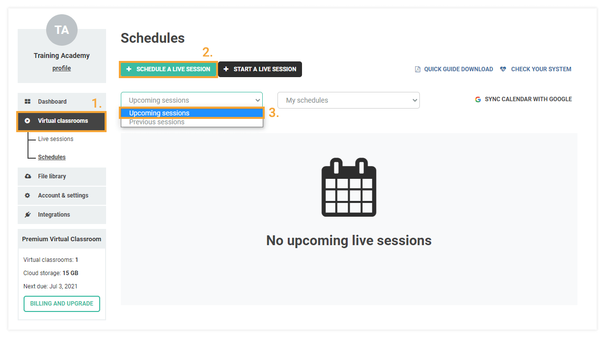 Schedules for Virtual Classrooms: Schedule a new lesson/past and upcoming lessons menu