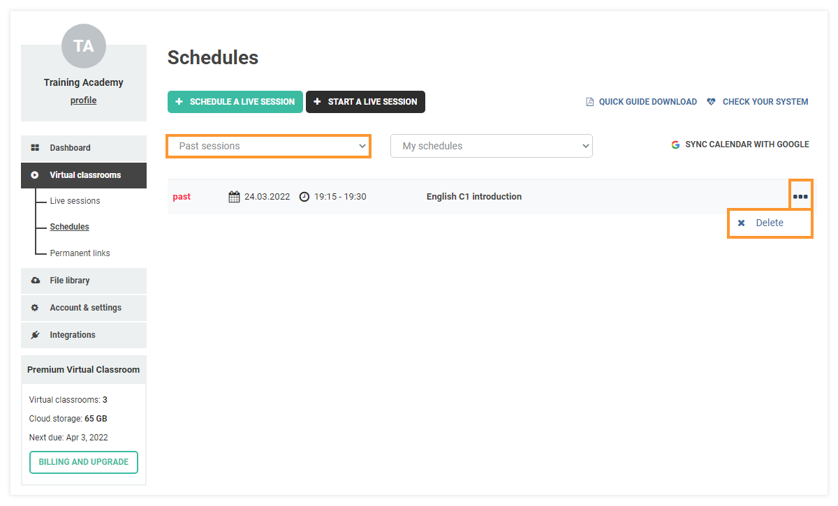 Creating Schedules for Virtual Classrooms: Past sessions and delete option