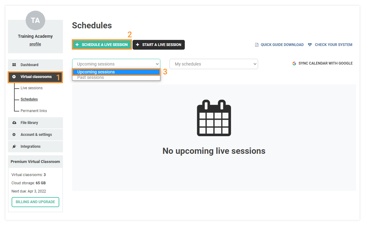 Creating Schedules for Virtual Classrooms: Schedule a new lesson/past and upcoming lessons menu