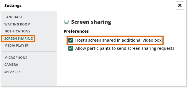 Individual video and Screen Share in the Virtual Classroom: Screen sharing settings
