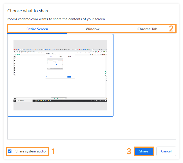 Individual video and Screen Share in the Virtual Classroom: Location of the "Share audio" button