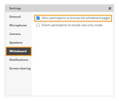 Whiteboard Settings: Whiteboard Pages Setting Online Whiteboard Settings: Allowing participants to browse the whiteboard pages