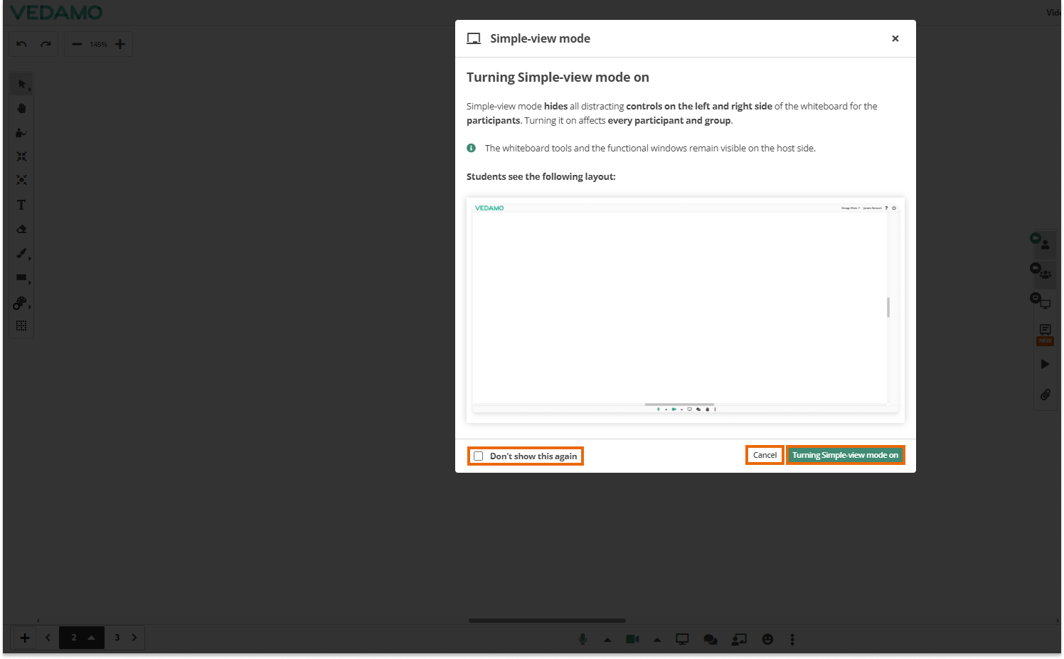 Online Whiteboard Settings: Simple-view mode menu