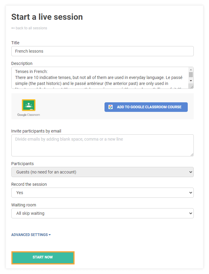 Schedules for Virtual Classrooms: "Start now" page