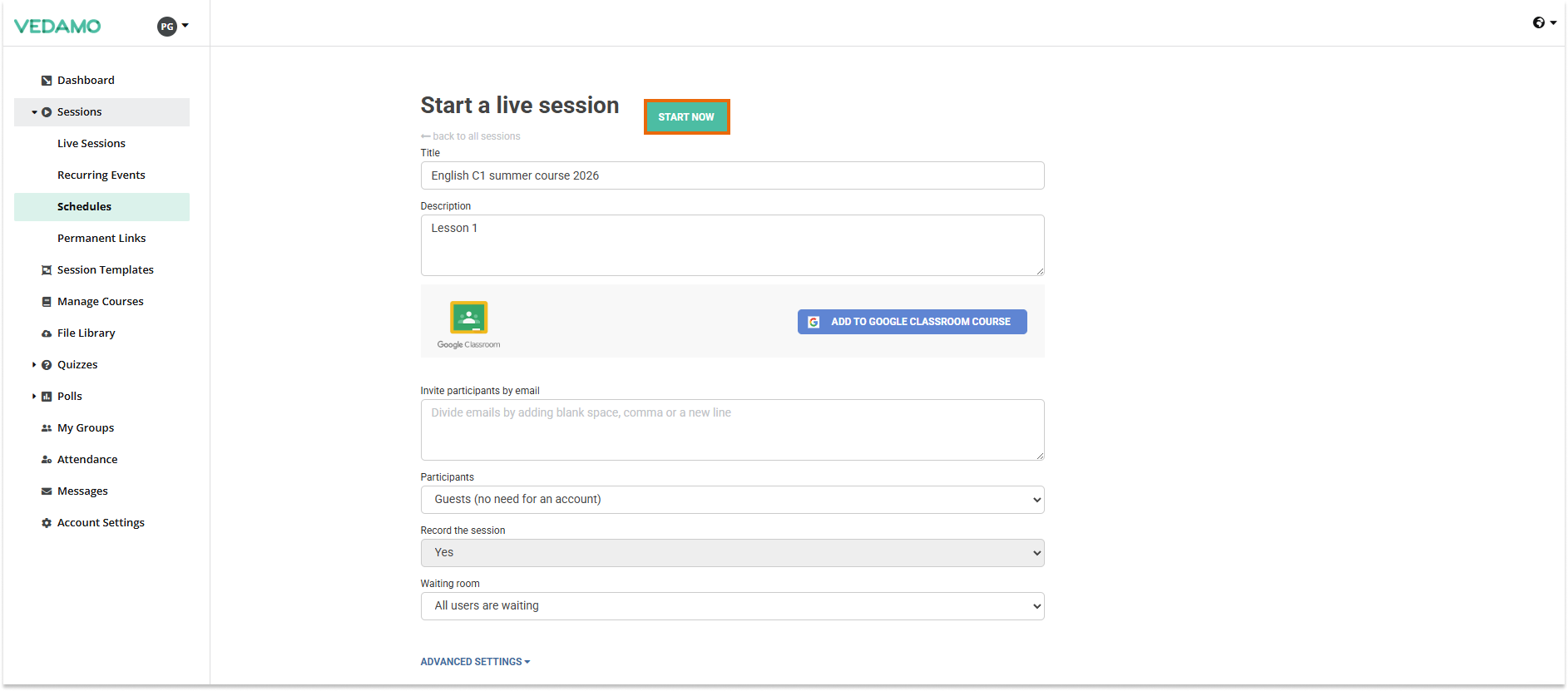Creating Schedules for Virtual Classrooms: "Start now" page