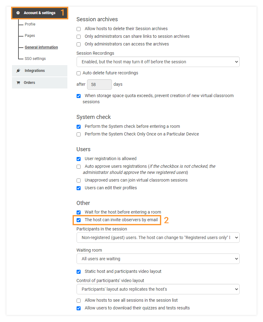 Virtual classroom observers. The observer role: Clicking on the "the host can invite observers" will let the host invite observers