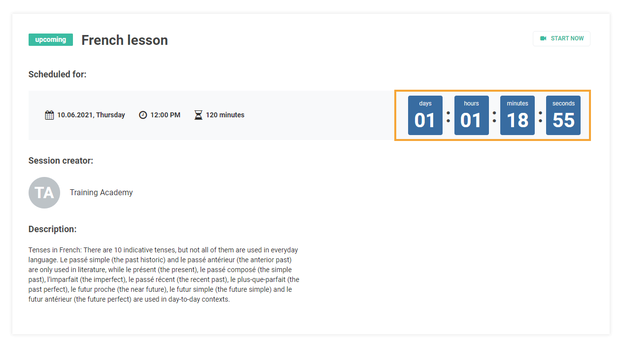 Schedules for Virtual Classrooms: Lesson details page