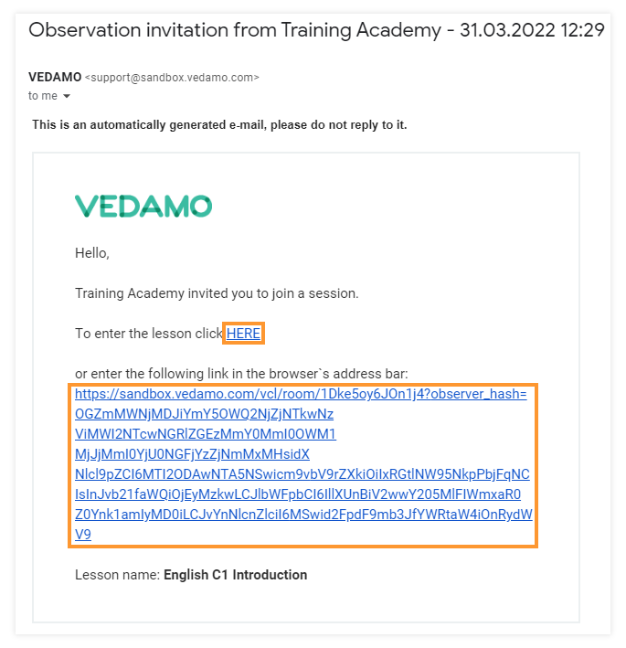 Virtual classroom observers. The observer role: Observer invitation and the corresponding link for the lesson