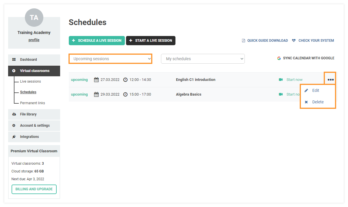 Creating Schedules for Virtual Classrooms: Upcoming sessions Delete/Edit