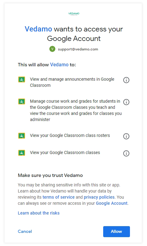 Vedamo and Google Integrations: Allowing Access