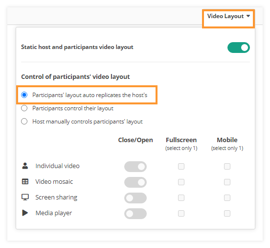 Individual video and Screen Share in the Virtual Classroom: to enable the synchronization mode select "Participants' layout auto replicated the host's"