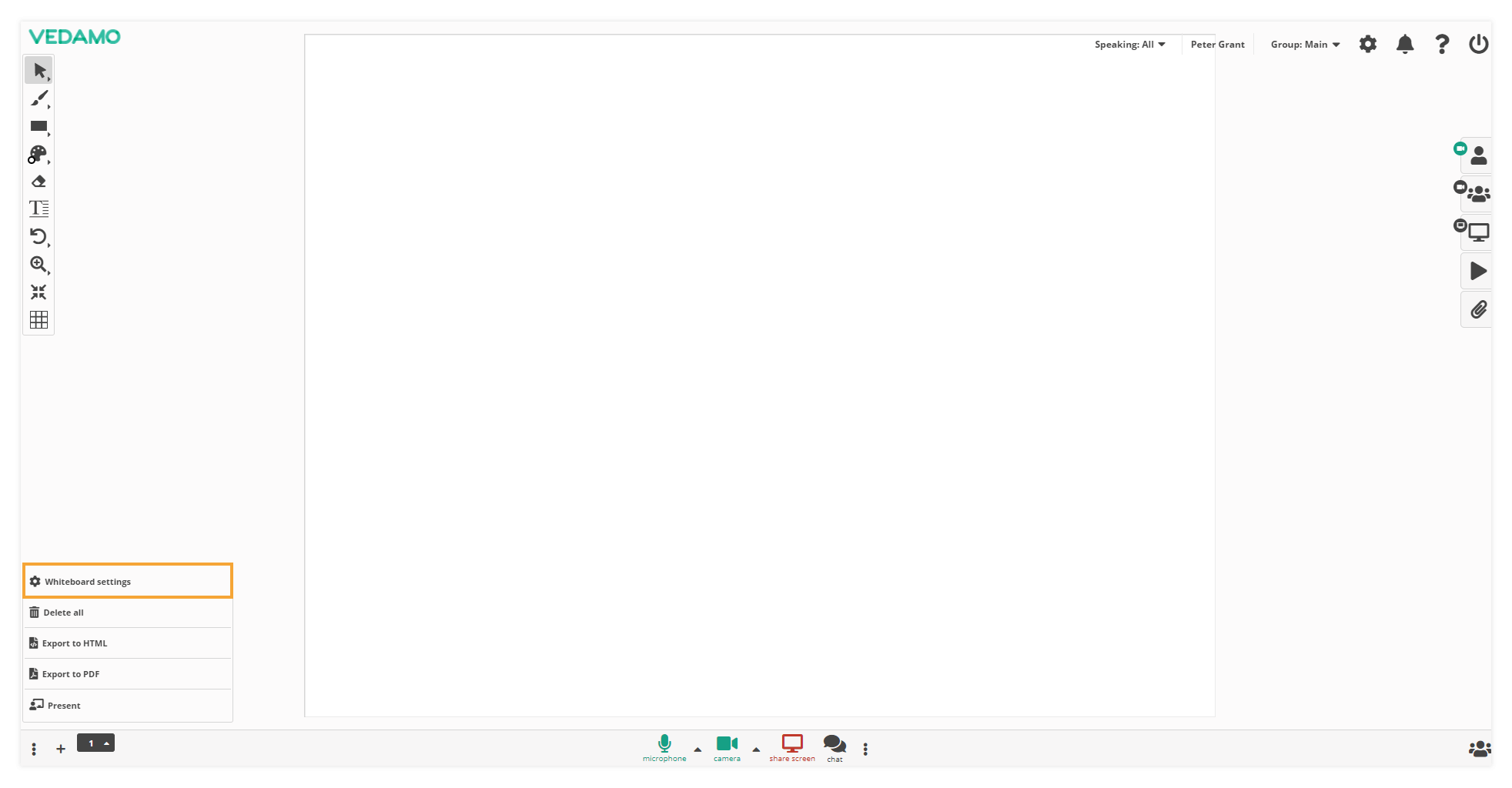 Online Whiteboard Settings: Accessing the Whiteboard Settings menu