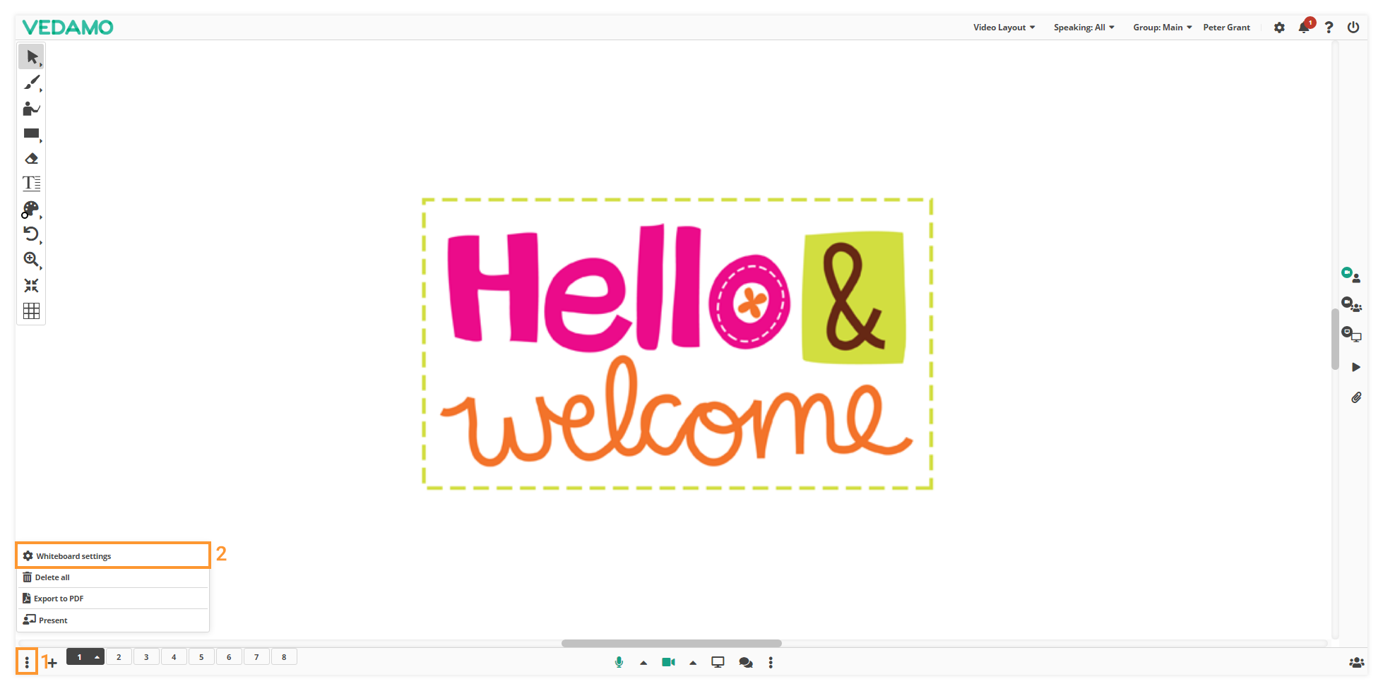 Online Whiteboard Settings: Accessing the Whiteboard Settings menu