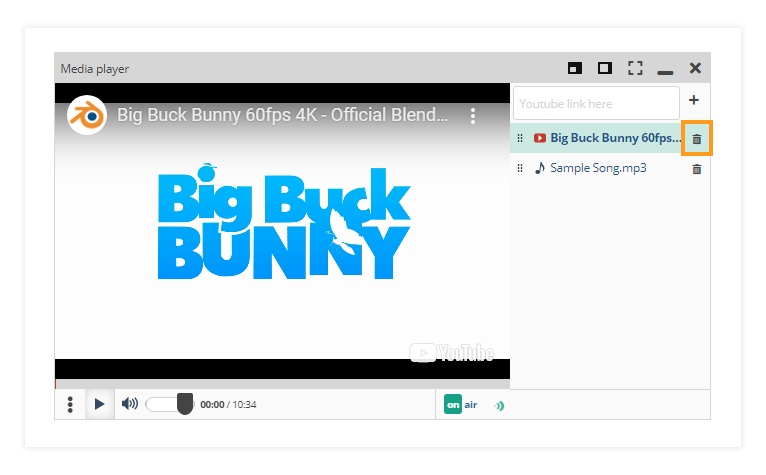Media Player in the Virtual Classroom: Click the trashcan button to delete the video from the media player