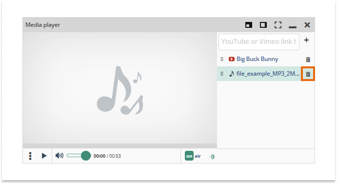 Media Player in the Virtual classroom: Click the X button to delete the video from the media player Media Player in the Virtual Classroom: Click the trashcan button to delete the video from the media player