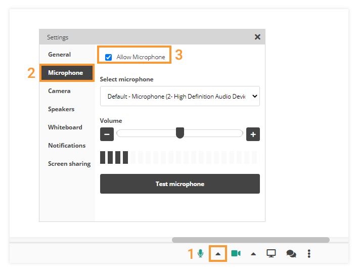 Sound Controls in the virtual classroom: Microphone Settings