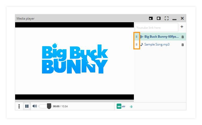 Media Player in the Virtual Classroom: Drag the uploaded files up and down to re-arrange them accordingly in the media player