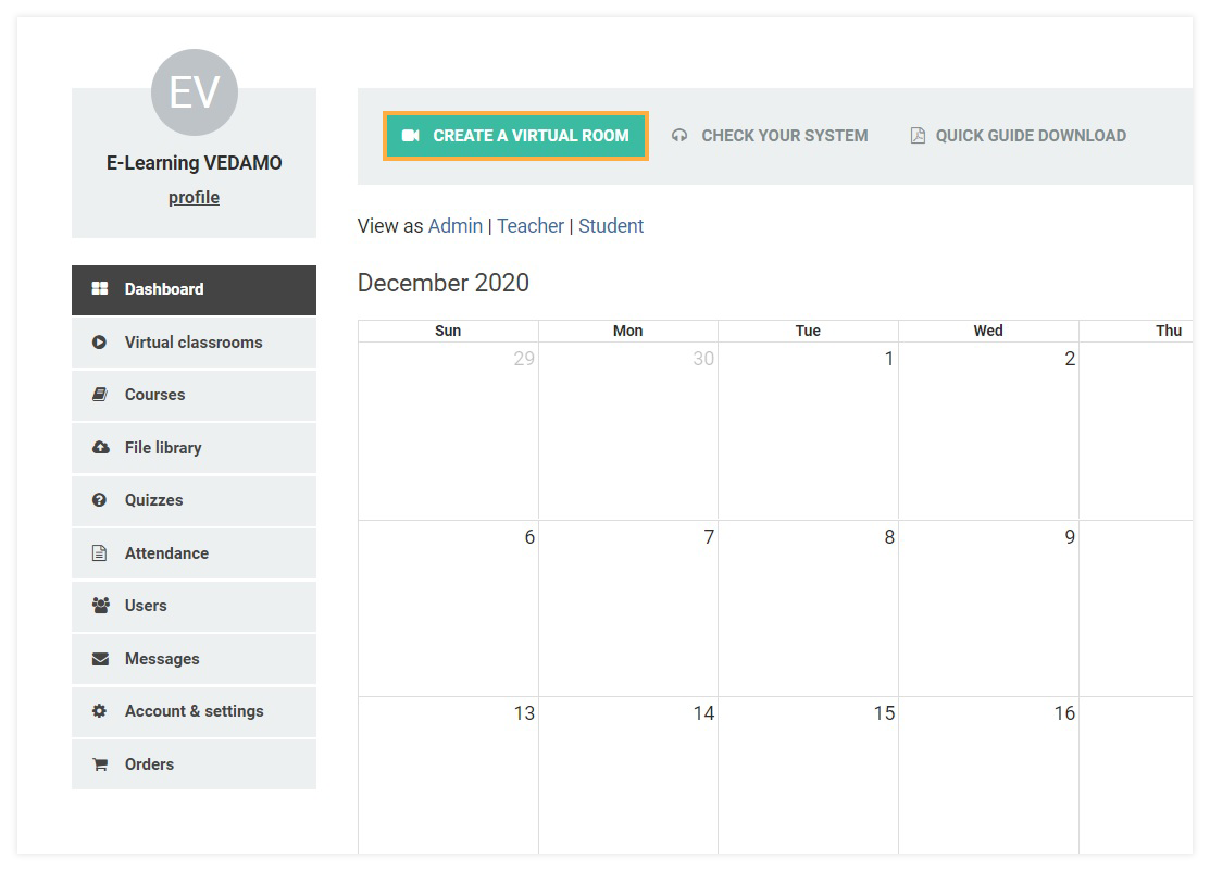 The Create a Virtual Room button allows you to open a new Virtual Classroom The Create a Virtual Room button allows you to open a new Virtual Classroom