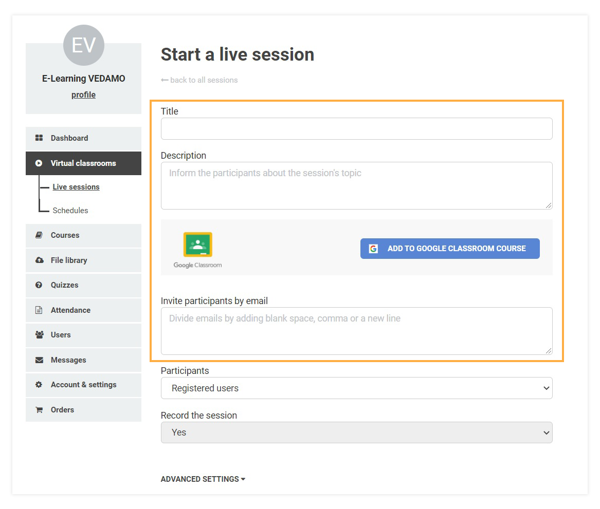 You can customize your Virtual Classroom while opening it Virtual Classroom - Create a new room: You can customize your Virtual Classroom while opening it