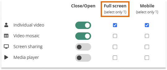 Video Boxes Settings for Participants in the Virtual classroom: Fullscreen on all devices