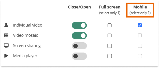 Video Boxes Settings for Participants in the Virtual classroom: Mobile option 