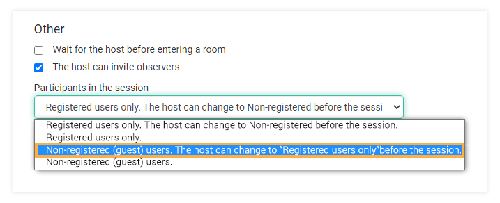 Virtual classroom settings: Non-registered (guest) users. The host can change to Registered users only before the session. Virtual classroom settings: Non-registered (guest) users. The host can change to Registered users only before the session.