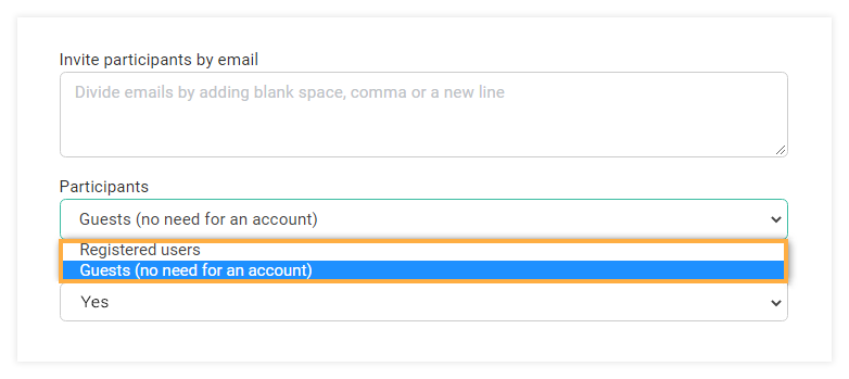 Virtual classroom settings - registered and non-registered users: “Non-registered (guest) users. The host can change to Registered users only before the session”