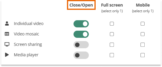 Video Boxes Settings for Participants in the Virtual classroom: Open/Close button